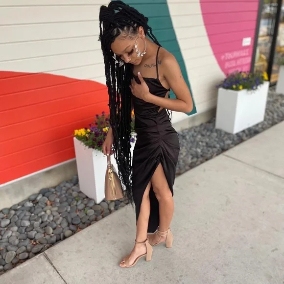 Dresses | Black Satin Dress With Slit Worn Once For 18th Birthday Still New  | Poshmark